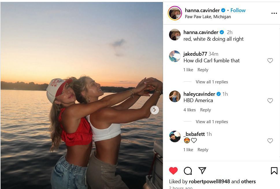 Haley Cavinder celebrates America's Independence on twin sister Hanna Cavinder's IG post. Image via @hanna.cavinder